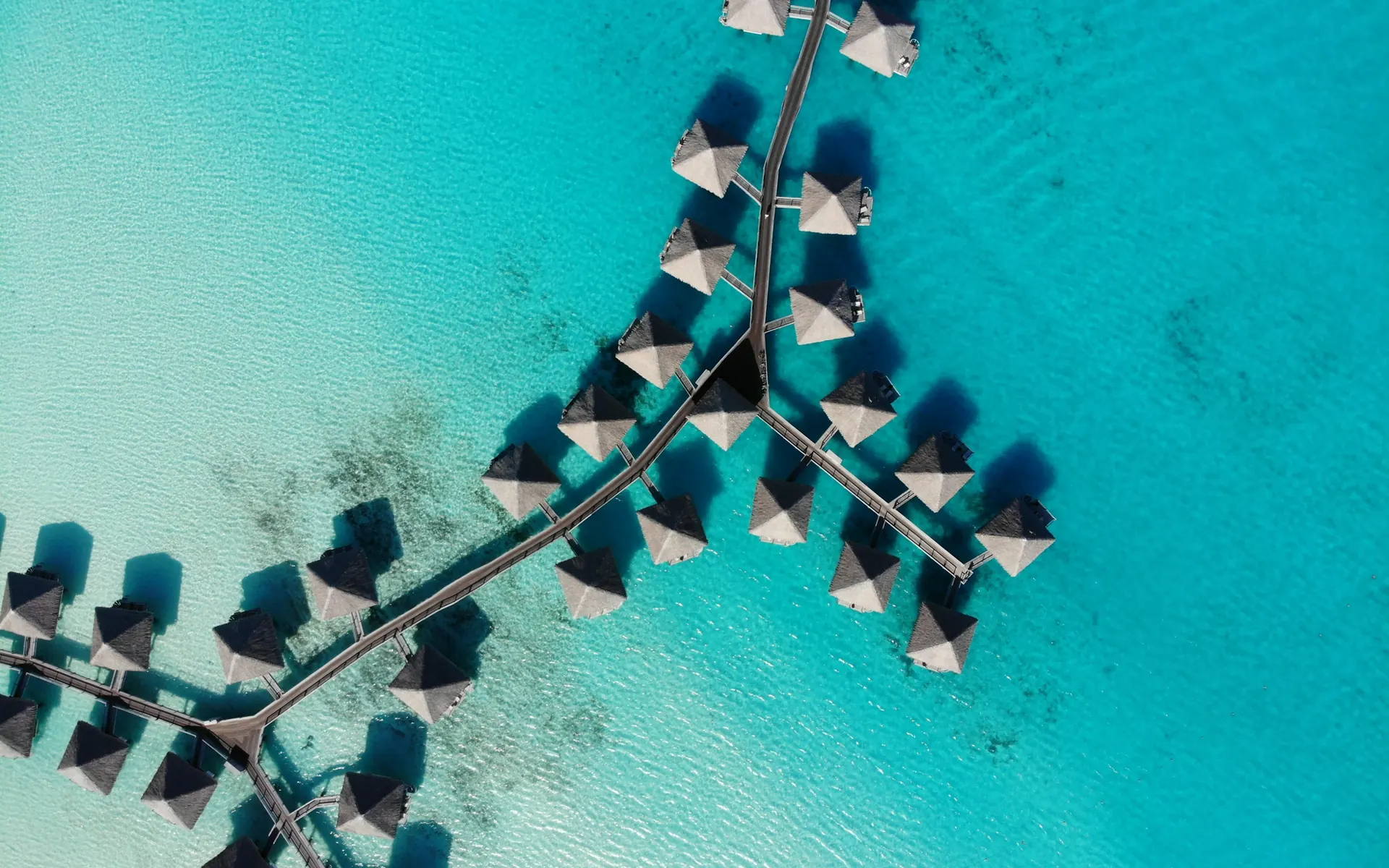 Aerial view of overwater villas above the turquoise lagoon of Bora Bora, French Polynesia